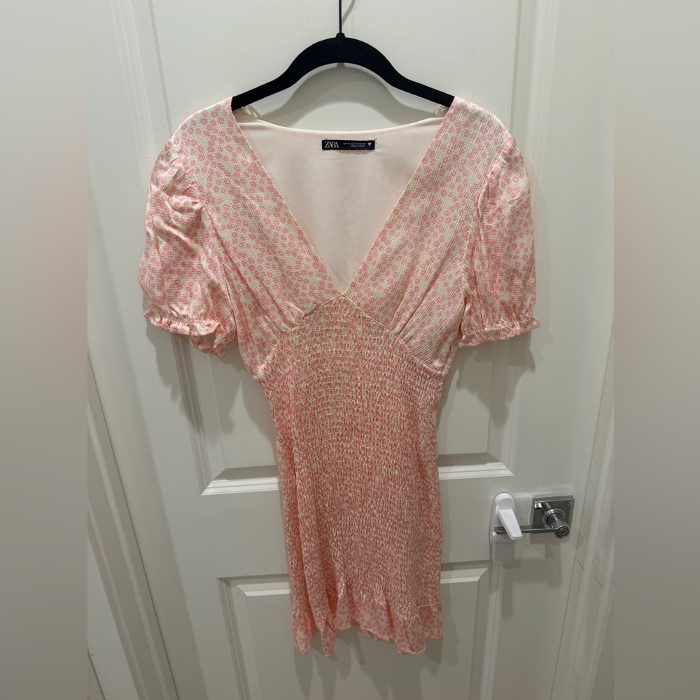 Zara Pink Floral V-Neck Smocked Mini Dress